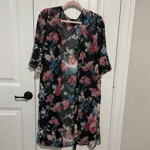 Lildy Kimono Duster Black Red Floral Boho Flounce‎ Sleeve SZ S-M